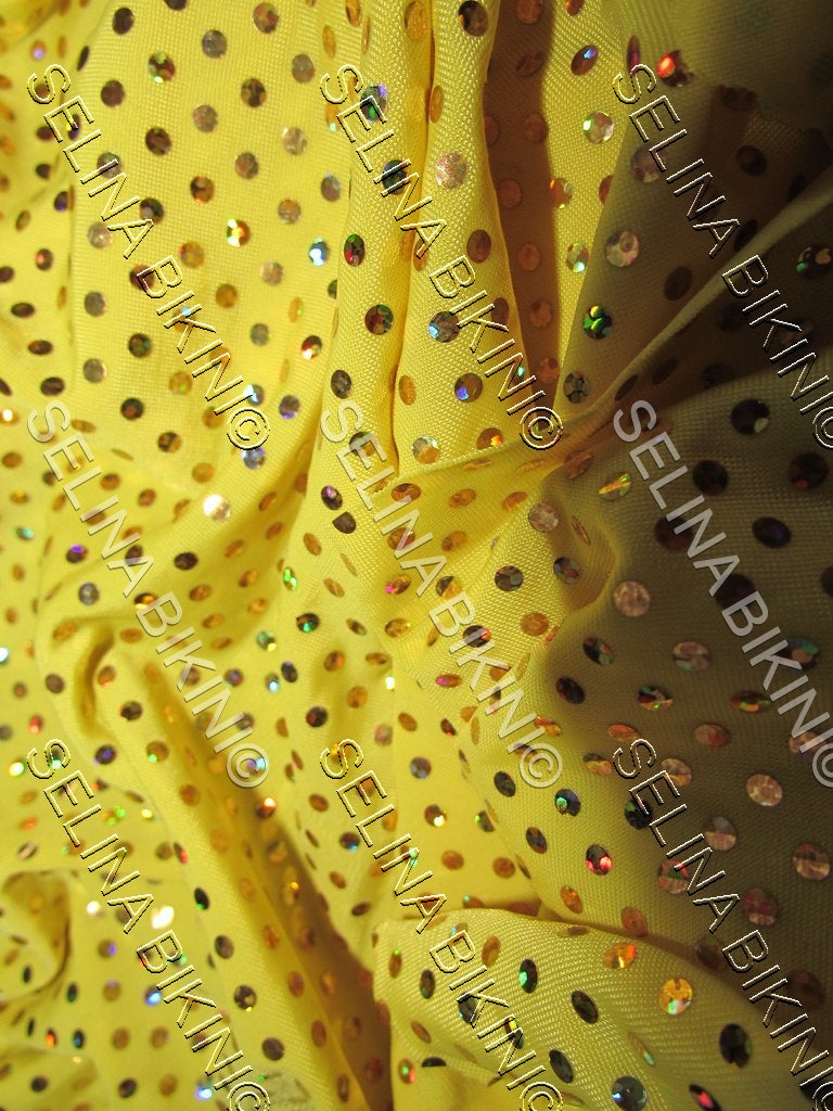 #016 Bright Yellow Faux Sequin Metallic Dots Spandex - Selina Bikini